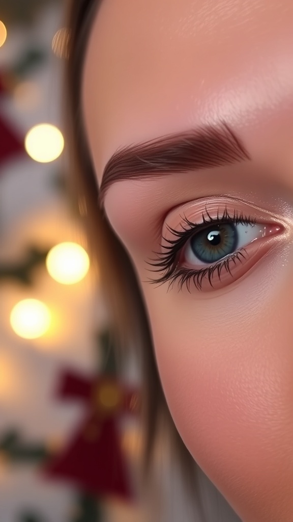 Close-up of well-defined festive eyebrows with shimmer, set against a Christmas-themed background.